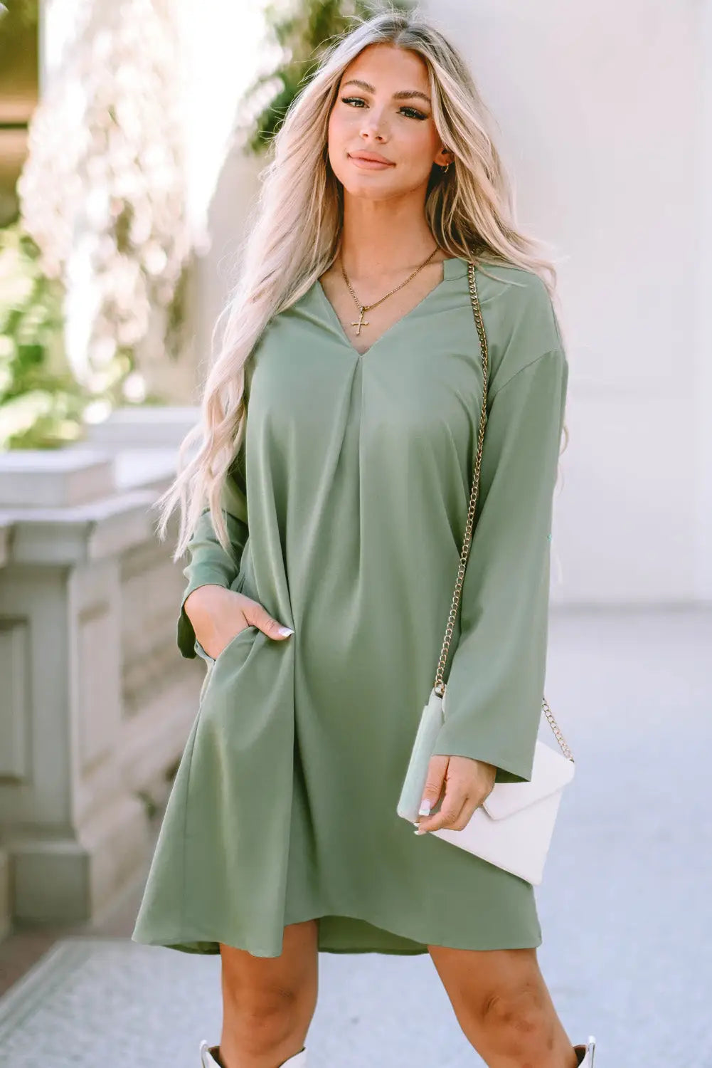 Green roll-tab sleeve flowy casual dress - s / 100% polyester - mini dresses