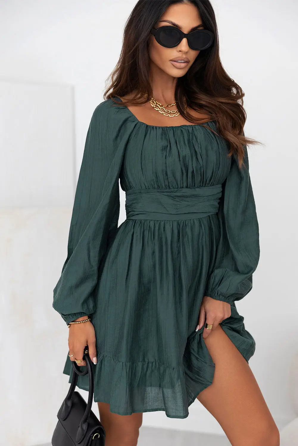 Green ruched square neck puff sleeve mini dress - s / 85% lyocell + 15% polyamide - dresses