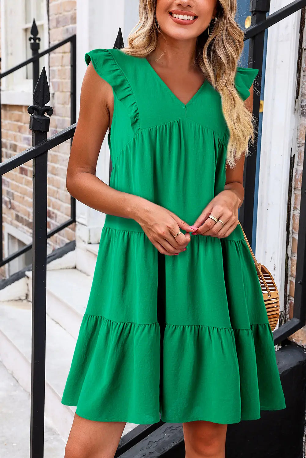 Green ruffle tiered mini dress - bright / s / 100% polyester - dresses