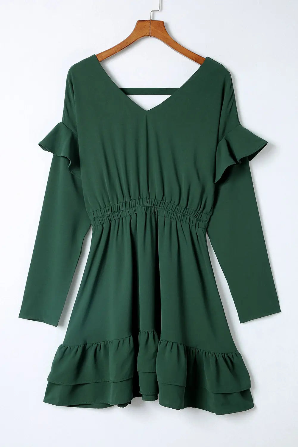 Green ruffled v neck high waist mini dress - dresses