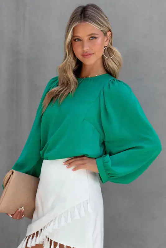 Green satin puff long sleeve crewneck blouse - tops