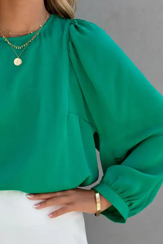 Green satin puff long sleeve crewneck blouse - tops