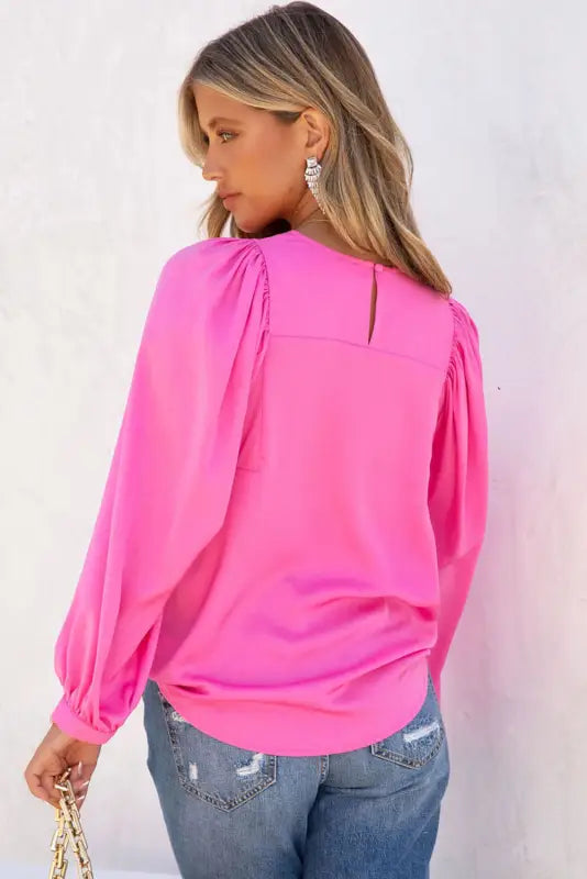 Green satin puff long sleeve crewneck blouse - tops