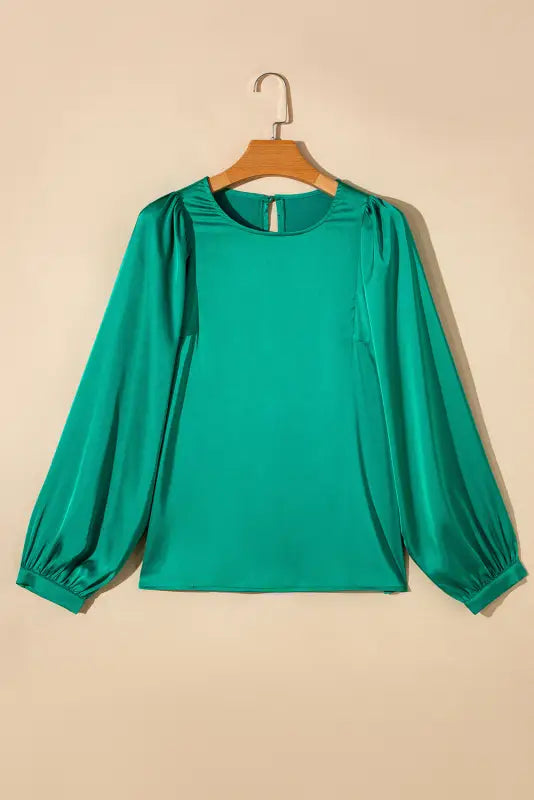 Green satin puff long sleeve crewneck blouse - tops