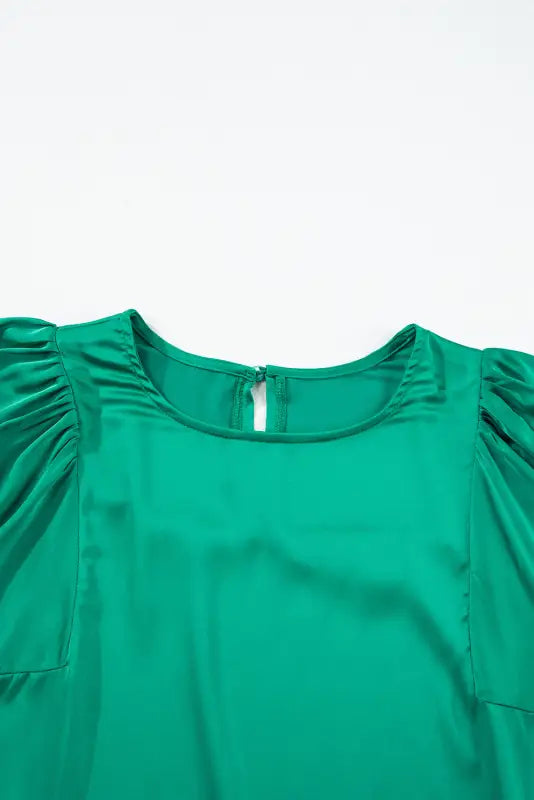 Green satin puff long sleeve crewneck blouse - tops