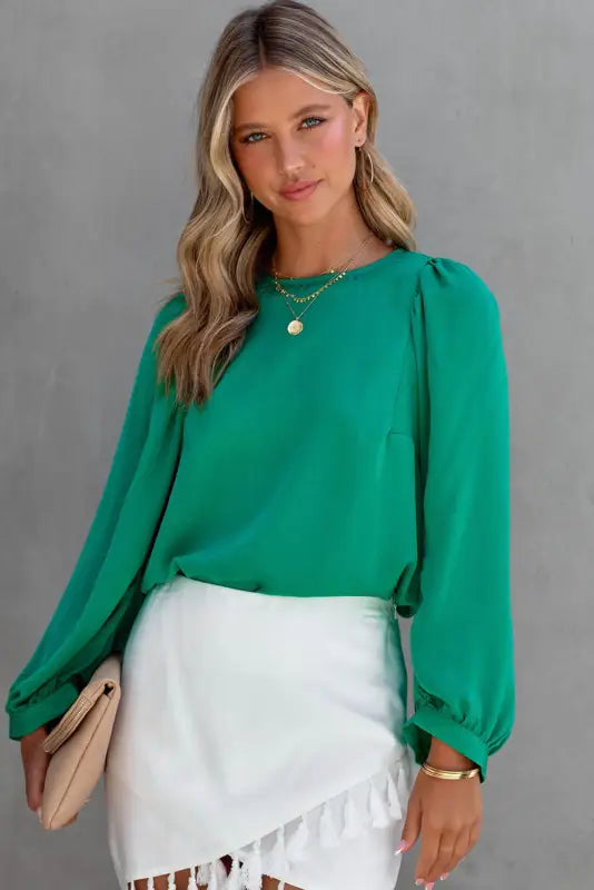 Green satin puff long sleeve crewneck blouse - tops