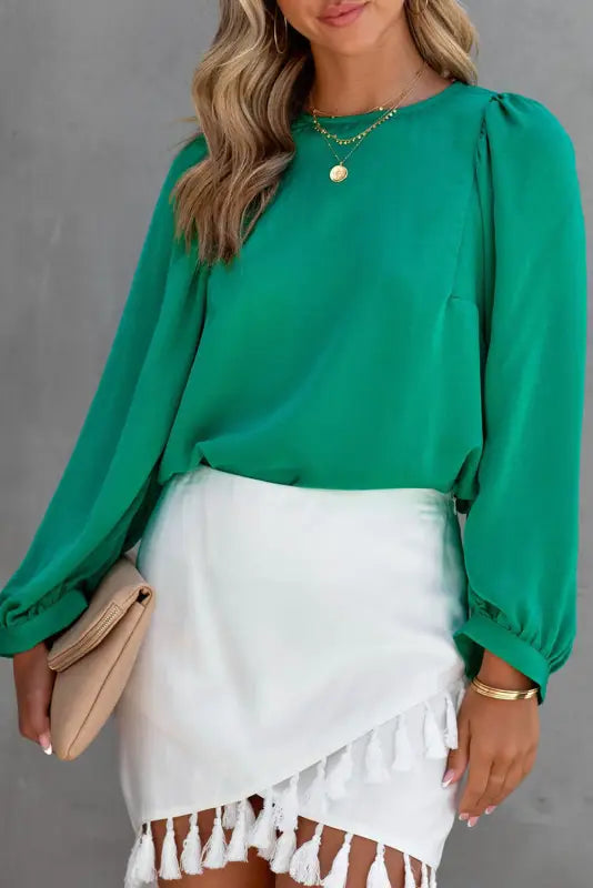 Green satin puff long sleeve crewneck blouse - s / 95% polyester + 5% elastane - tops