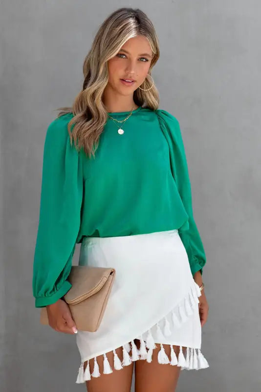 Green satin puff long sleeve crewneck blouse - tops