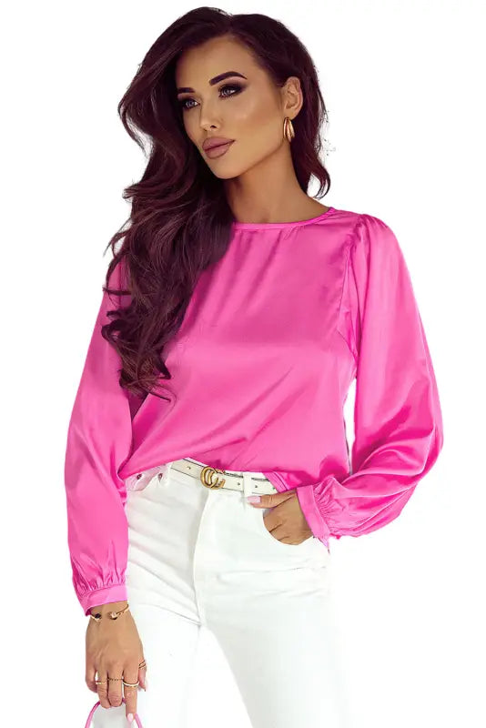 Green satin puff long sleeve crewneck blouse - tops