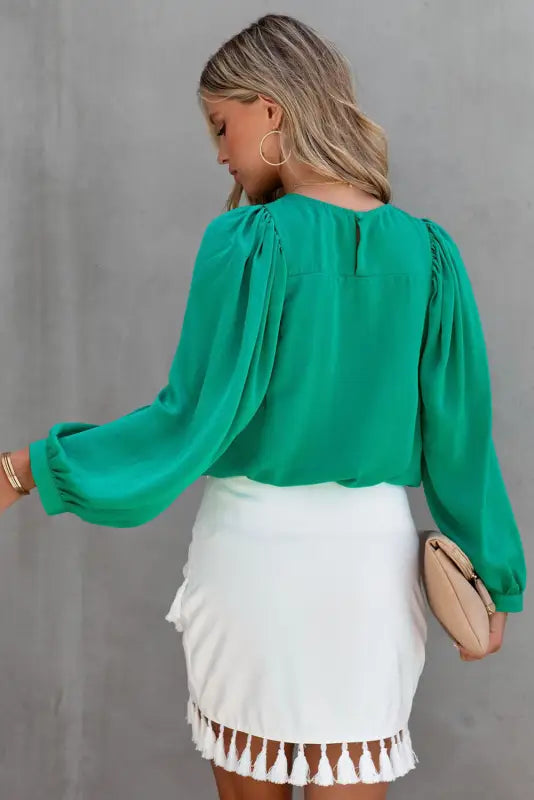 Green satin puff long sleeve crewneck blouse - tops