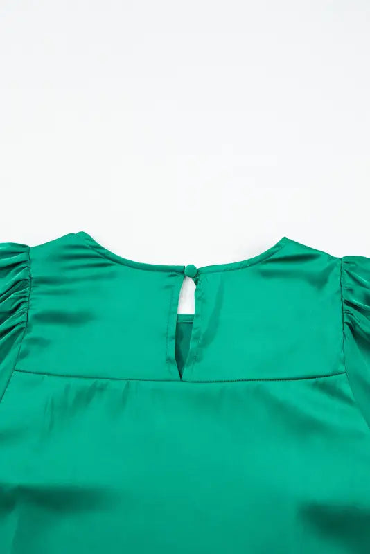 Green satin puff long sleeve crewneck blouse - tops