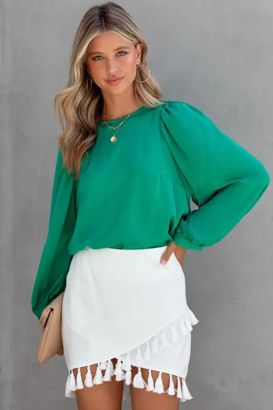 Green satin puff long sleeve crewneck blouse - tops