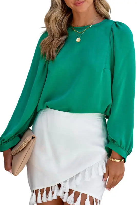 Green satin puff long sleeve crewneck blouse - tops