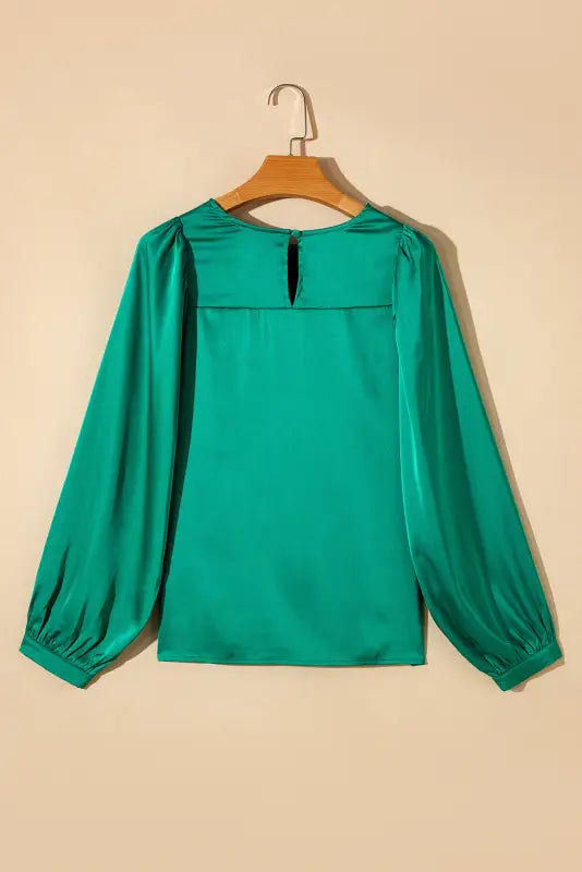 Green satin puff long sleeve crewneck blouse - tops