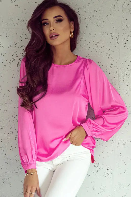 Green satin puff long sleeve crewneck blouse - pink / s / 95% polyester + 5% elastane - tops