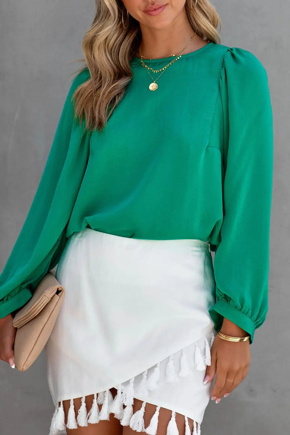 Green satin puff long sleeve crewneck blouse - s / 95% polyester + 5% elastane - tops