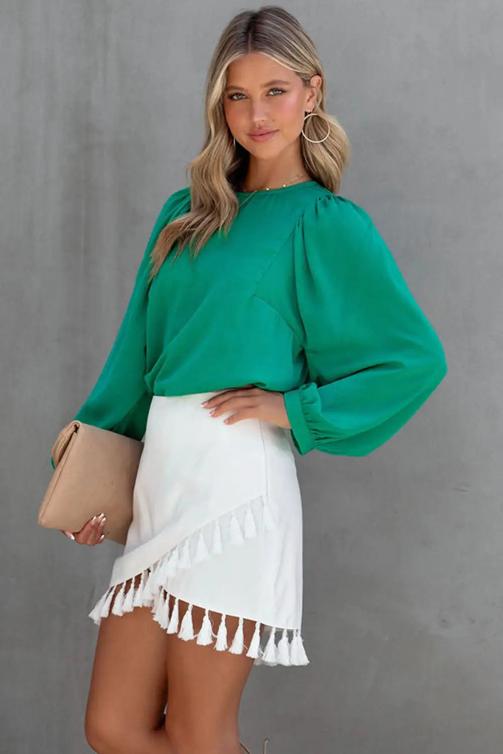 Green satin puff long sleeve crewneck blouse - tops