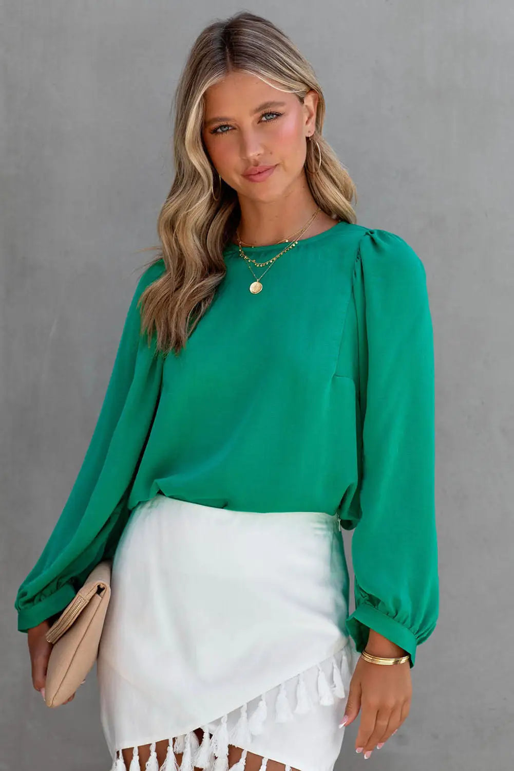 Green satin puff long sleeve crewneck blouse - tops