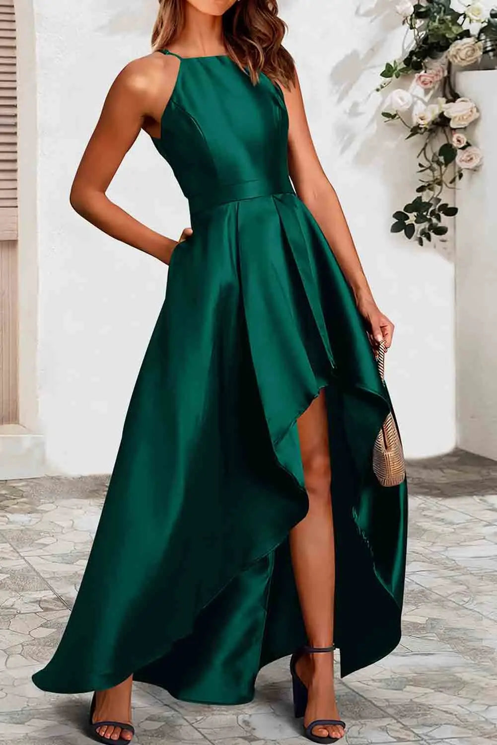 Green satin sleeveless pleated high low dress with pocket