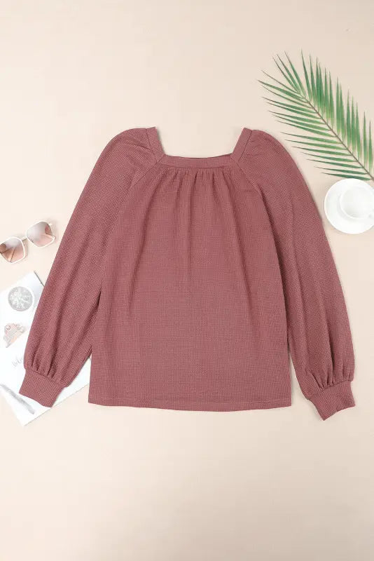 Green scoop neck puff sleeve waffle knit top - long tops