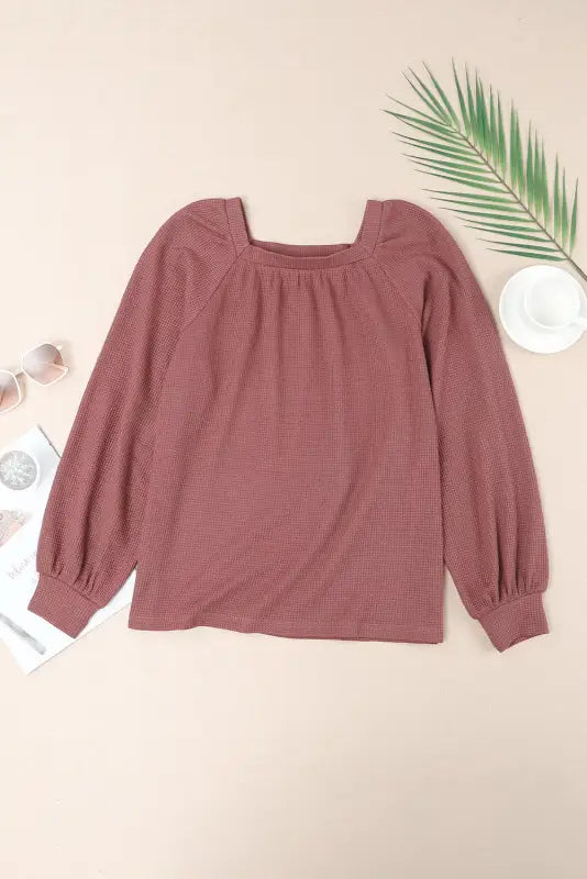 Green scoop neck puff sleeve waffle knit top - long tops