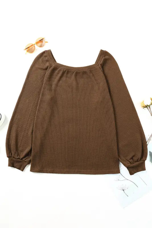 Green scoop neck puff sleeve waffle knit top - long tops