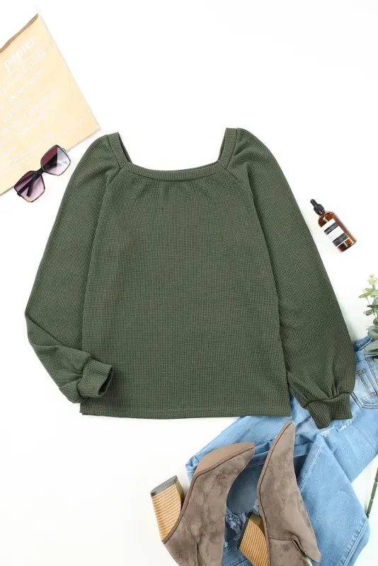 Green scoop neck puff sleeve waffle knit top - long tops