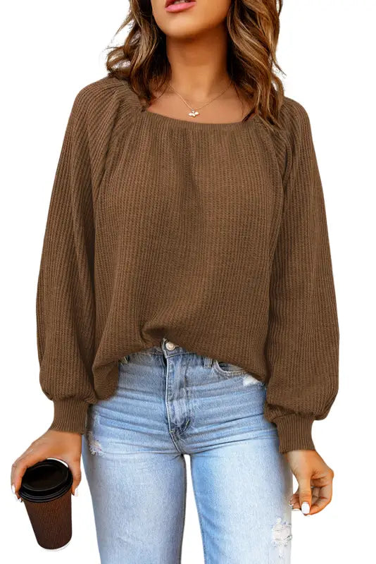 Green scoop neck puff sleeve waffle knit top - long tops