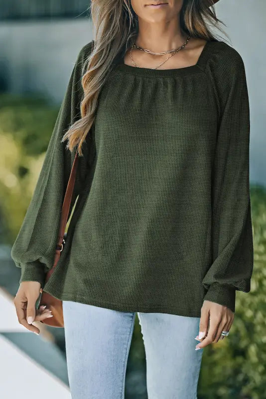 Green scoop neck puff sleeve waffle knit top - long tops