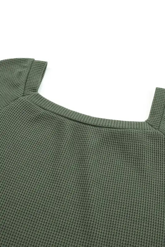 Green scoop neck puff sleeve waffle knit top - long tops