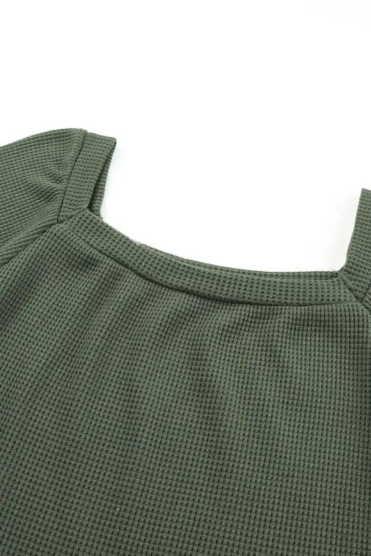 Green scoop neck puff sleeve waffle knit top - long tops