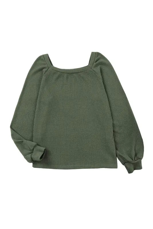 Green scoop neck puff sleeve waffle knit top - long tops