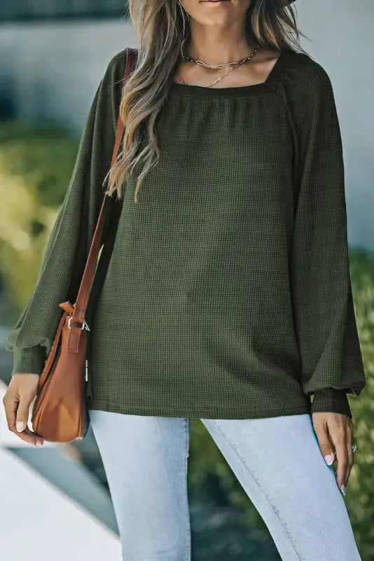 Green scoop neck puff sleeve waffle knit top - long tops