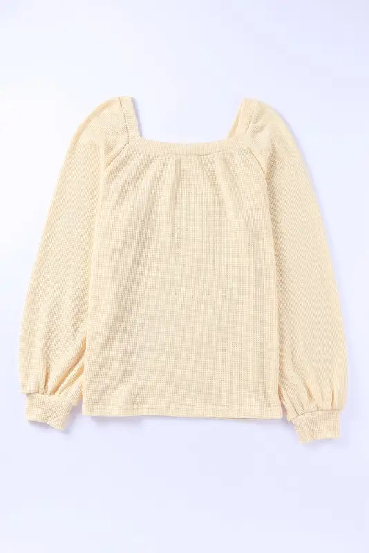 Green scoop neck puff sleeve waffle knit top - long tops