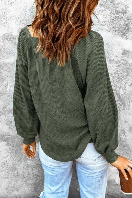 Green scoop neck puff sleeve waffle knit top - long tops