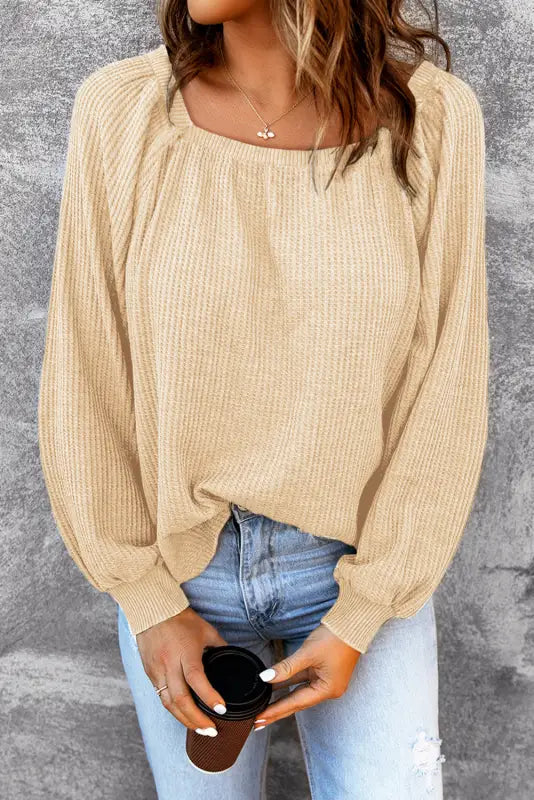 Green scoop neck puff sleeve waffle knit top - long tops