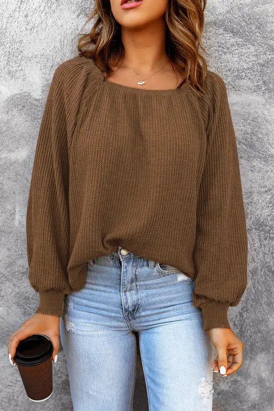 Green scoop neck puff sleeve waffle knit top - long tops