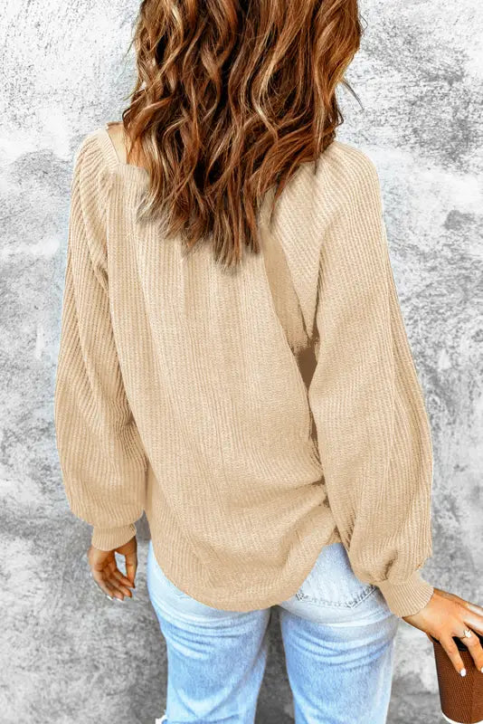 Green scoop neck puff sleeve waffle knit top - long tops