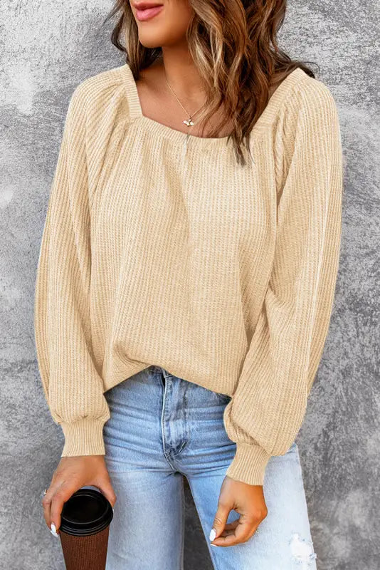 Green scoop neck puff sleeve waffle knit top - long tops