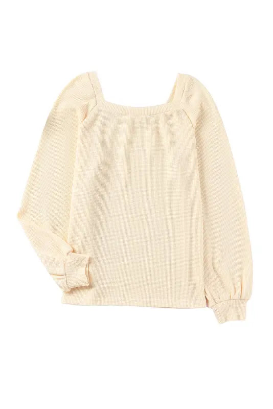 Green scoop neck puff sleeve waffle knit top - long tops