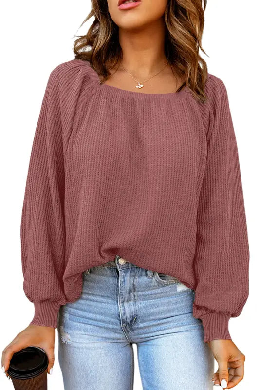 Green scoop neck puff sleeve waffle knit top - long tops