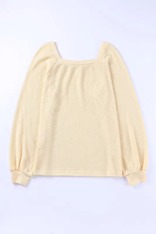 Green scoop neck puff sleeve waffle knit top - long tops