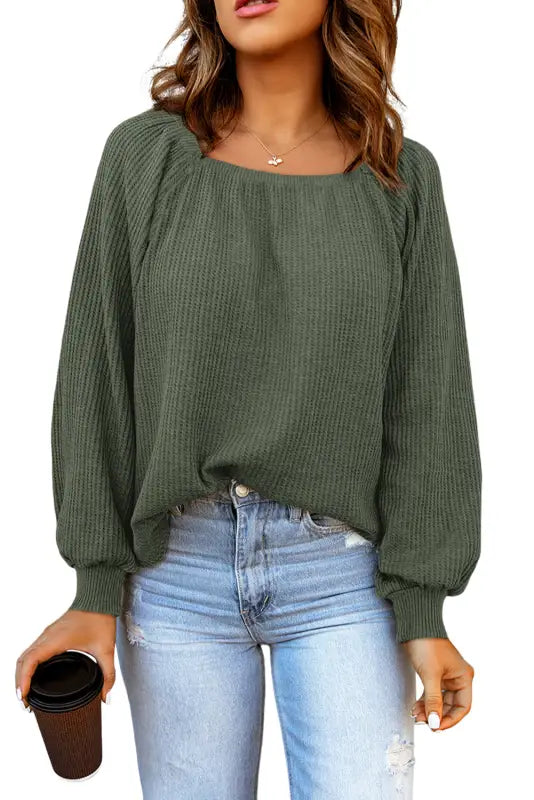 Green scoop neck puff sleeve waffle knit top - long tops