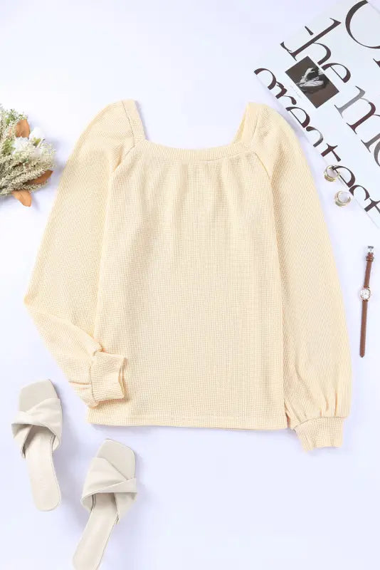 Green scoop neck puff sleeve waffle knit top - long tops