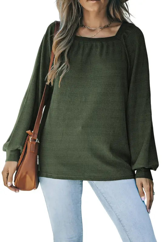 Green scoop neck puff sleeve waffle knit top - long tops