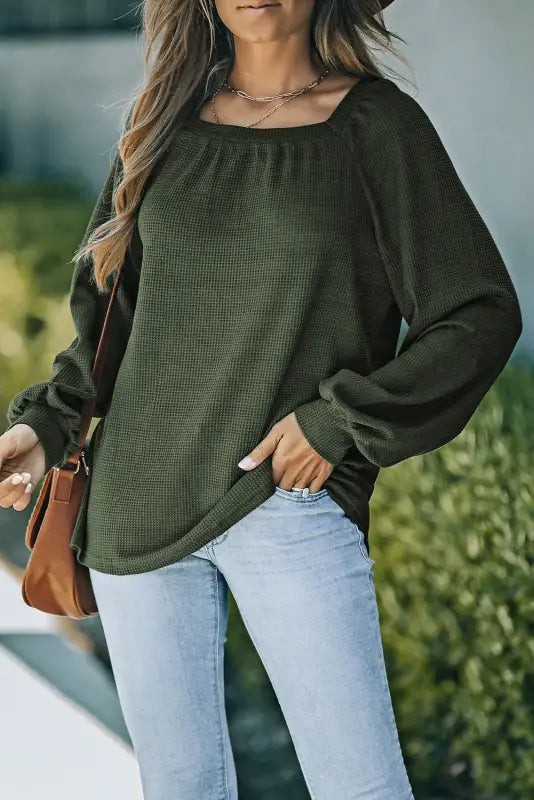 Green scoop neck puff sleeve waffle knit top - long tops