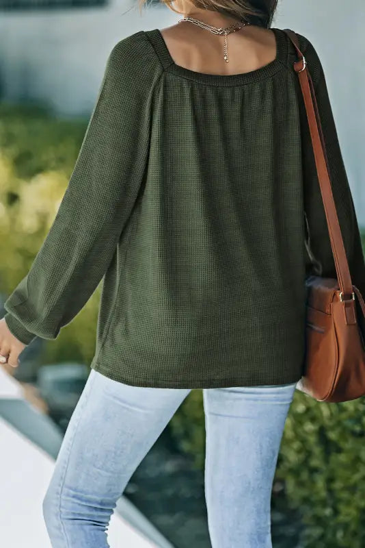 Green scoop neck puff sleeve waffle knit top - long tops