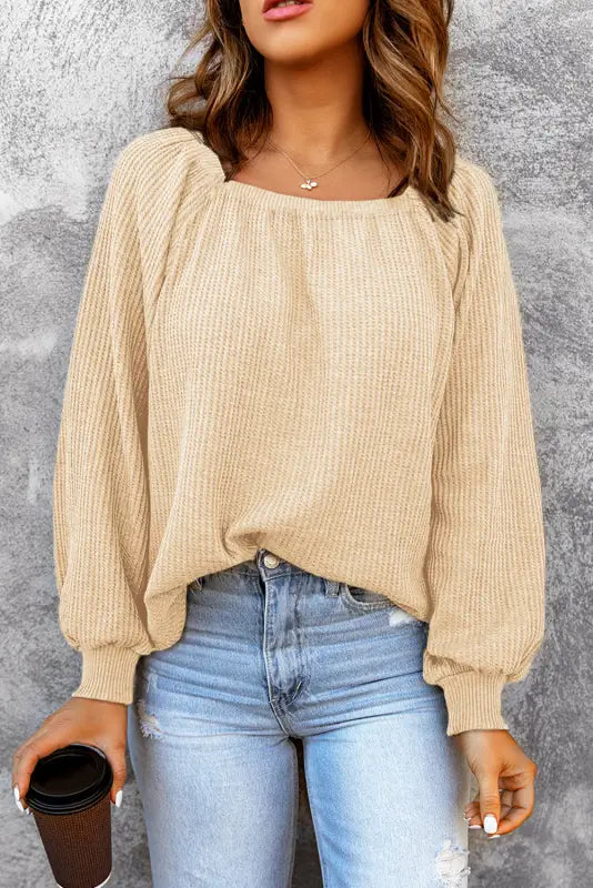 Green scoop neck puff sleeve waffle knit top - long tops