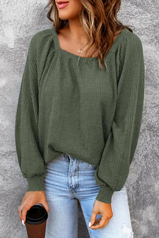 Green scoop neck puff sleeve waffle knit top - long tops