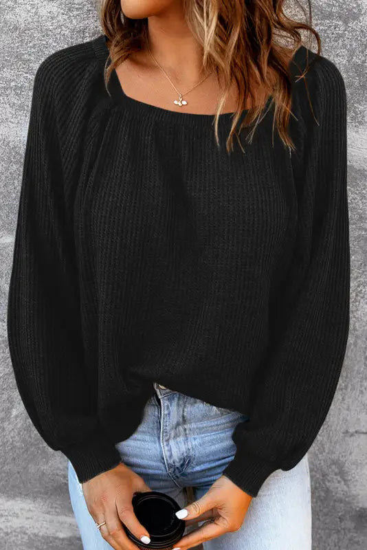 Green scoop neck puff sleeve waffle knit top - long tops